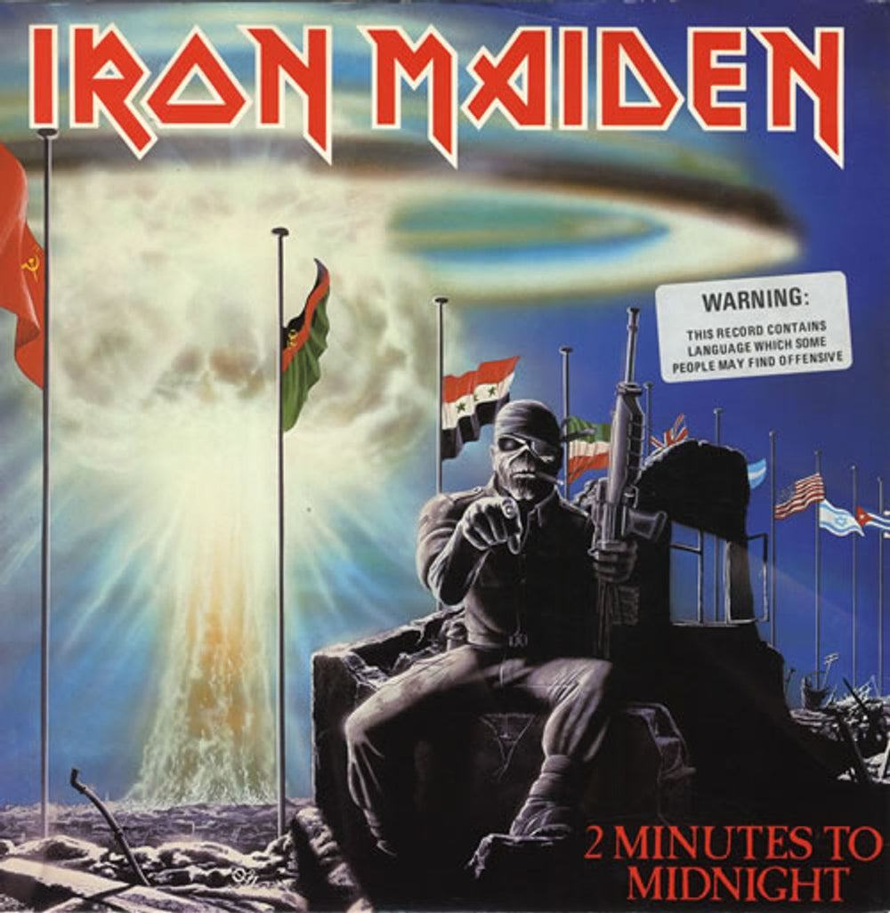 Iron Maiden 2 Minutes To Midnight - 'Warning' stickered UK 12" vinyl single (12 inch record / Maxi-single) 12EMI5489