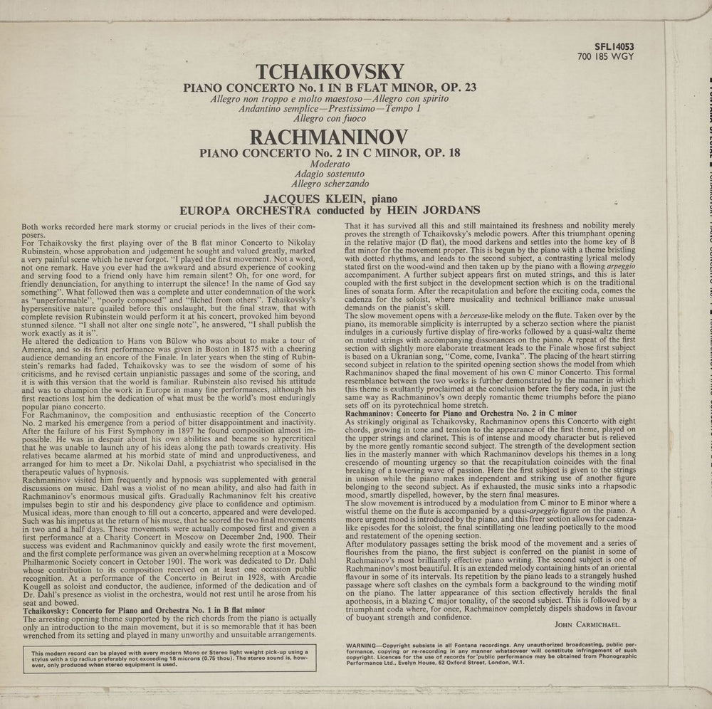 Jacques Klein Tchaikovsky: Piano Concerto No. 1 / Rachmaninov: Piano Concerto No. 2 UK vinyl LP album (LP record)