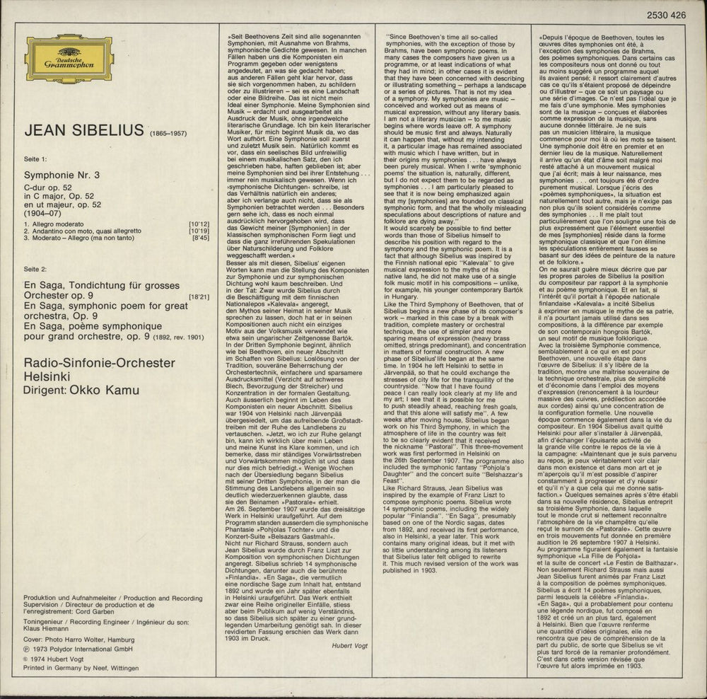 Jean Sibelius Sibelius: Symphonie Nr. 3 / En Saga UK vinyl LP album (LP record)