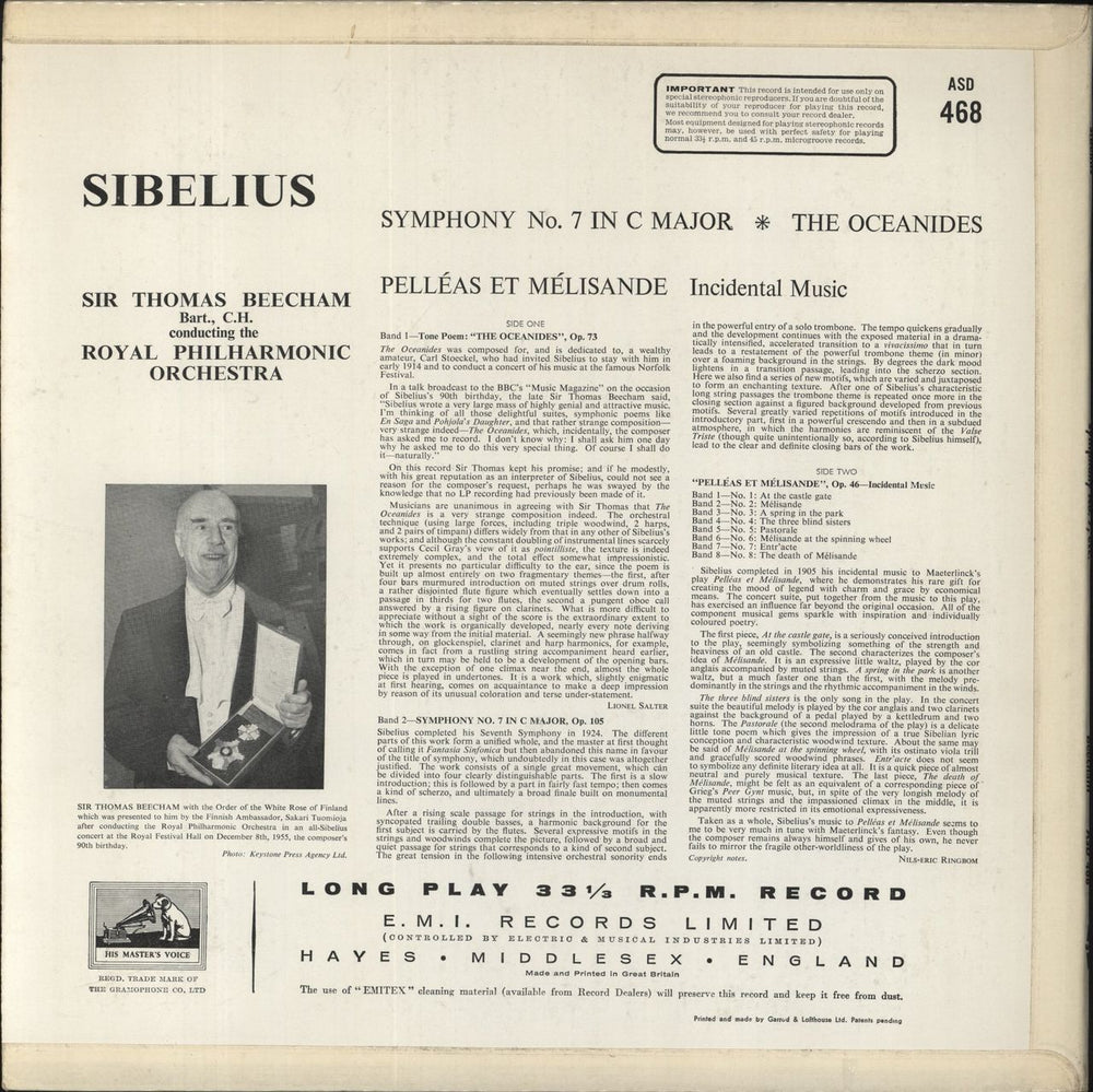 Jean Sibelius Symphony No. 7 / Pelléas et Mélisande / The Oceanides - 1st UK vinyl LP album (LP record)