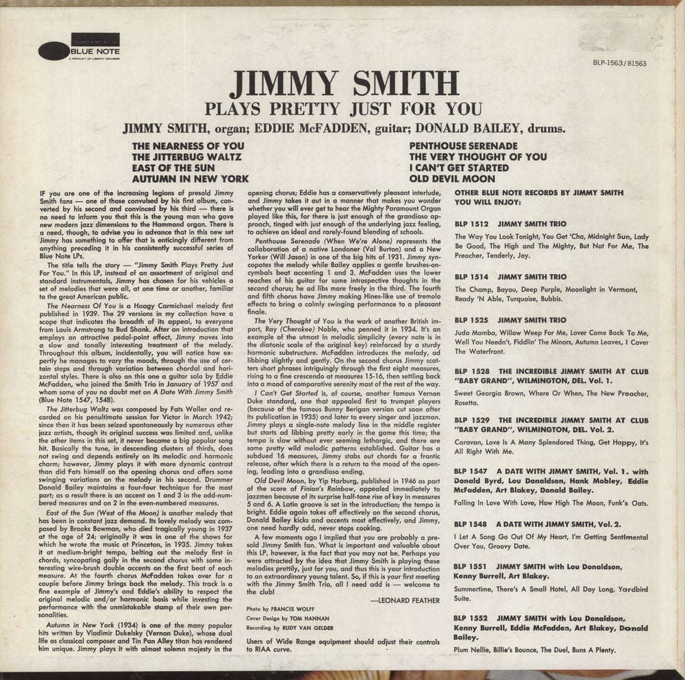 Jimmy Smith (Jazz Organ) Plays Pretty Just For You US vinyl LP album (LP record)