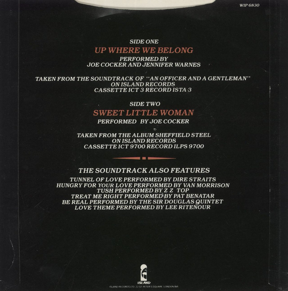 Joe Cocker Up Where We Belong UK 7" vinyl single (7 inch record / 45)