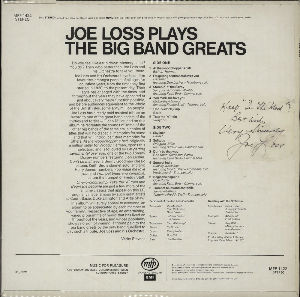 Joe Loss Plays The Big Band Greats - Autographed UK vinyl LP album (LP record) OSSLPPL425973