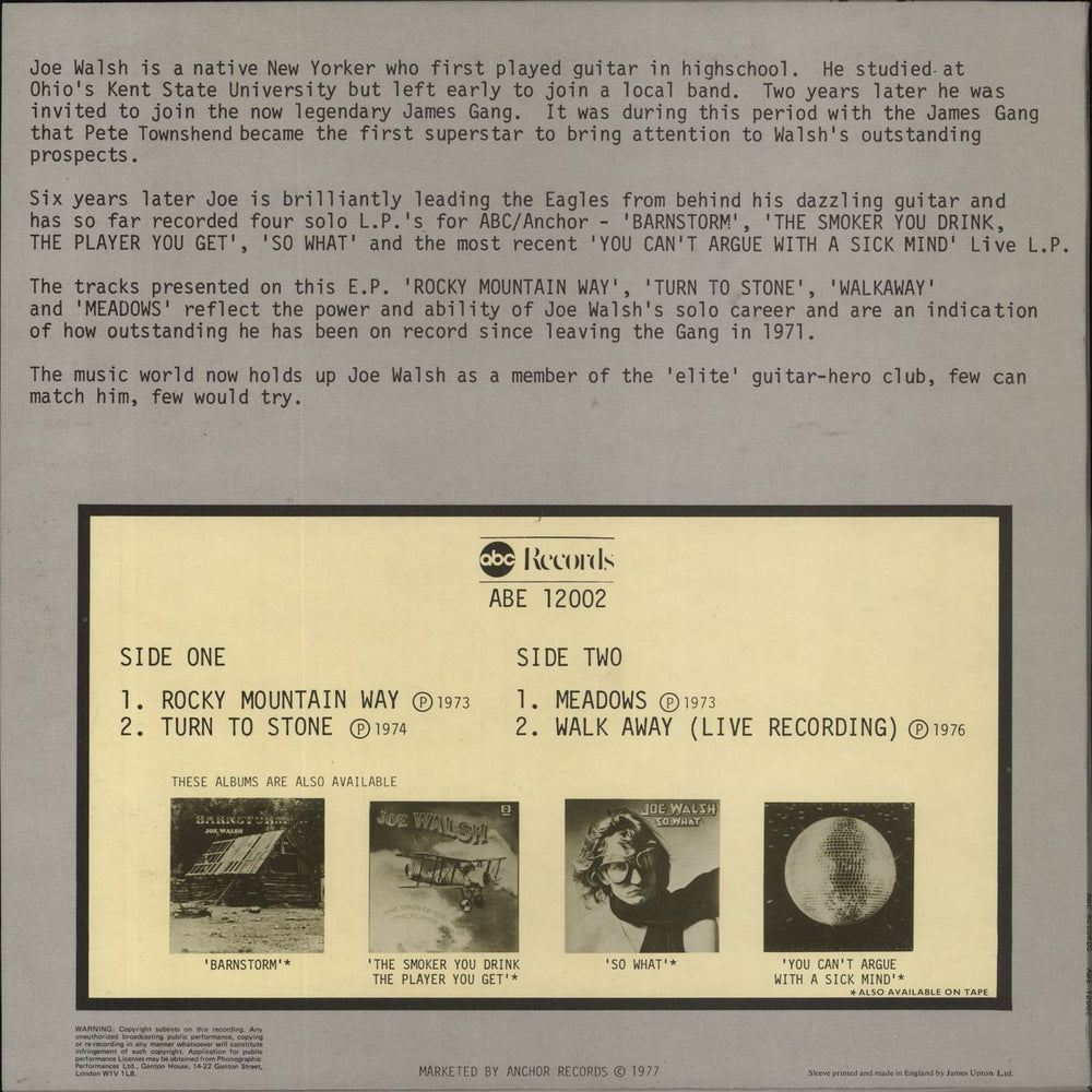 Joe Walsh Four Tracks From Joe Walsh UK 12" vinyl single (12 inch record / Maxi-single)