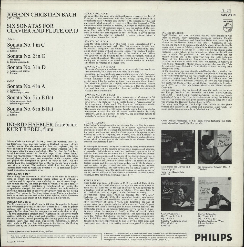 Johann Christian Bach Six Sonatas For Clavier And Flute, Op.19 - White Label Test Pressing Dutch Promo vinyl LP album (LP record)