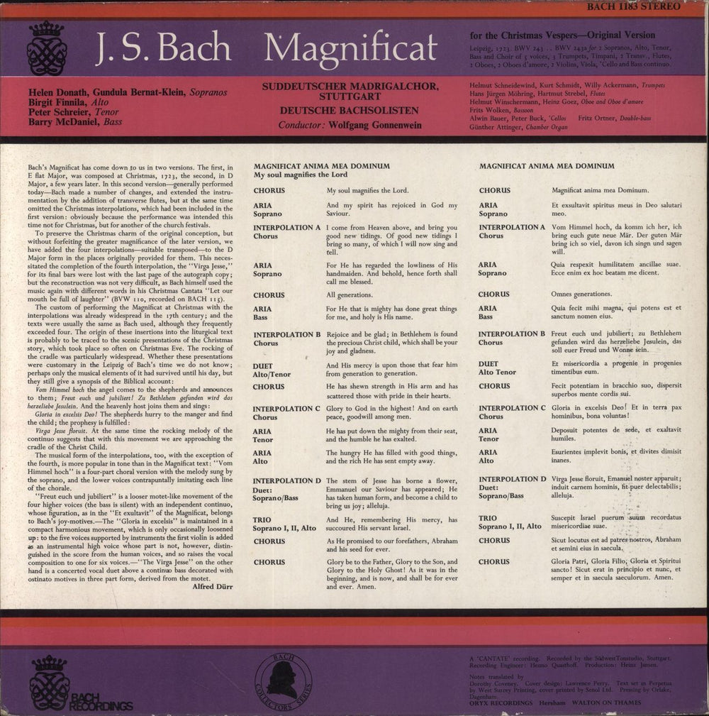 Johann Sebastian Bach Bach Magnificat In D (Original Version With Christmas Verses) UK vinyl LP album (LP record)