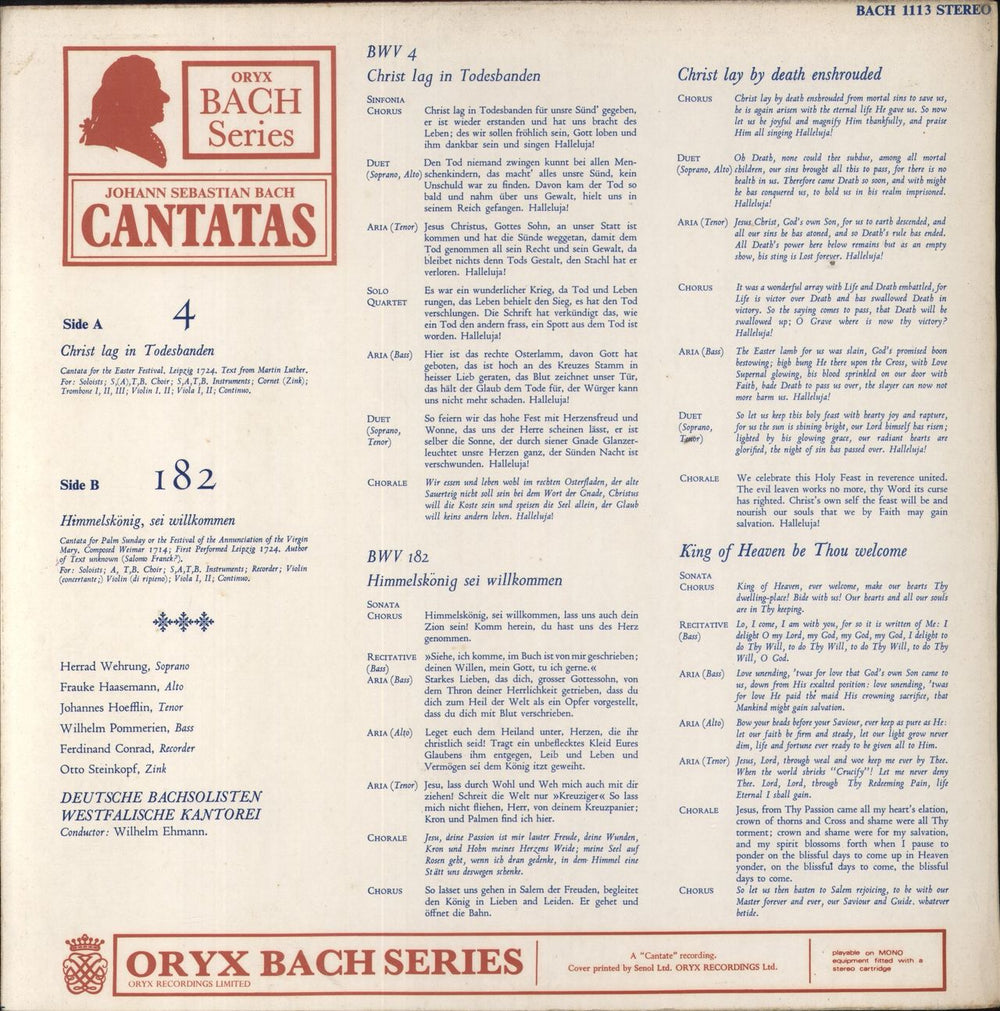 Johann Sebastian Bach J. S. Bach: Cantatas 4 & 182 UK vinyl LP album (LP record)
