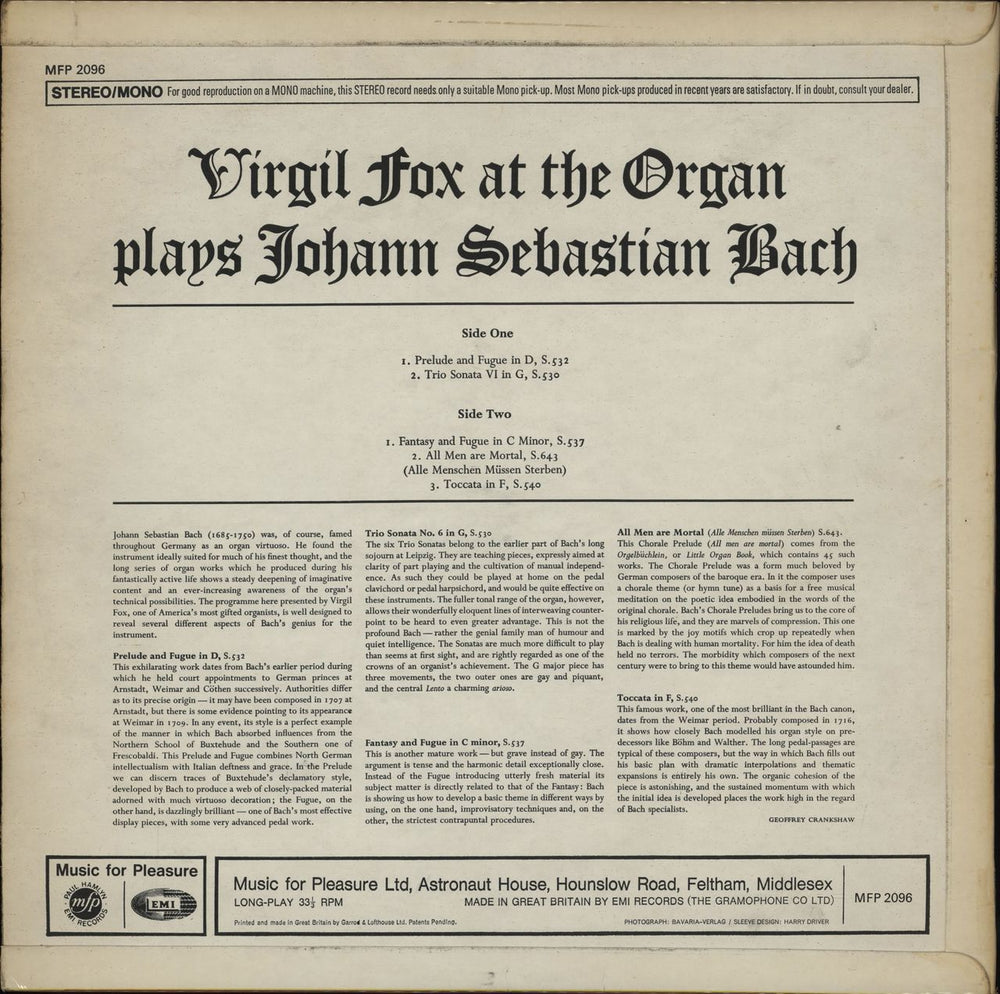 Johann Sebastian Bach Organ Works UK vinyl LP album (LP record)