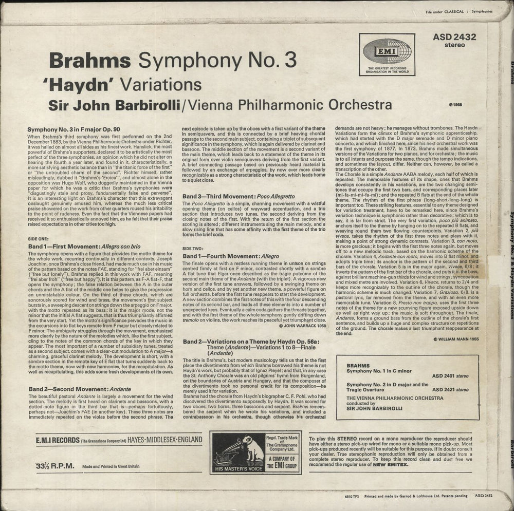 Johannes Brahms Brahms: Symphony No. 3 / 'Haydn' Variations UK vinyl LP album (LP record)