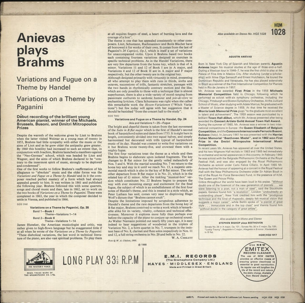 Johannes Brahms Brahms: Variations On A Theme By Paganini, Op. 35 / Variations And Fugue On A Theme By UK vinyl LP album (LP record)