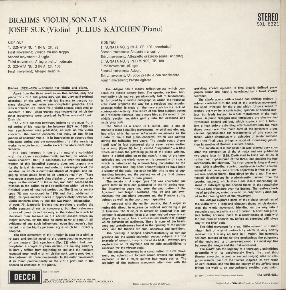 Johannes Brahms Violin Sonatas Op. 78, 100, 108 UK vinyl LP album (LP record)