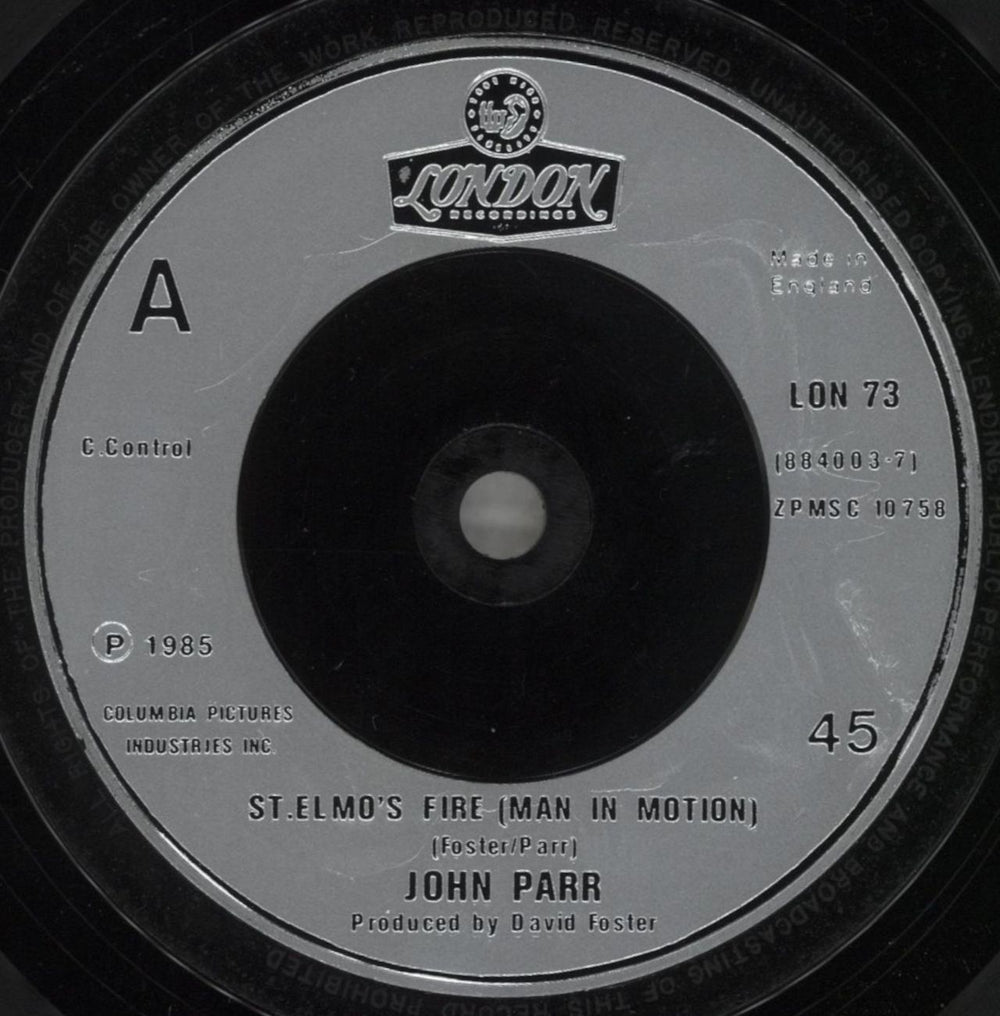 John Parr St. Elmo's Fire (Man In Motion) - P/S UK 7" vinyl single (7 inch record / 45) JOP07ST564969