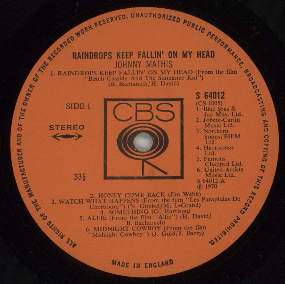 Johnny Mathis Raindrops Keep Fallin' On My Head UK vinyl LP album (LP record) J-MLPRA268497