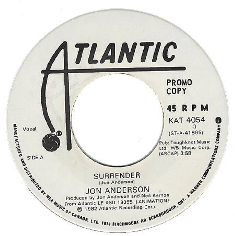 Jon Anderson Surrender Canadian Promo 7" vinyl single (7 inch record / 45) KAT4054