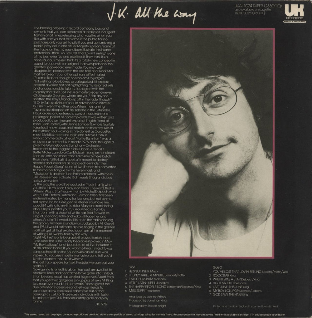 Jonathan King J.K. All The Way UK vinyl LP album (LP record)