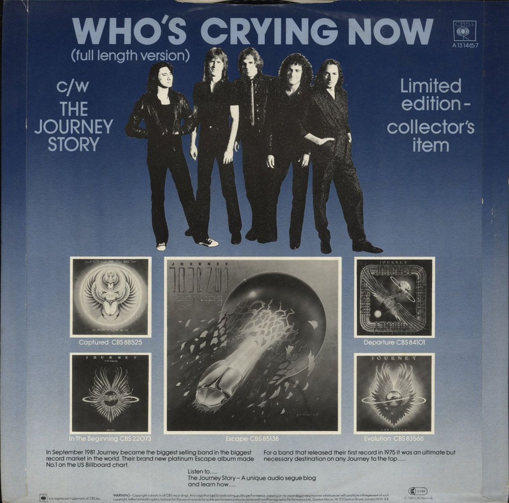 Journey Who's Crying Now UK 12" vinyl single (12 inch record / Maxi-single)