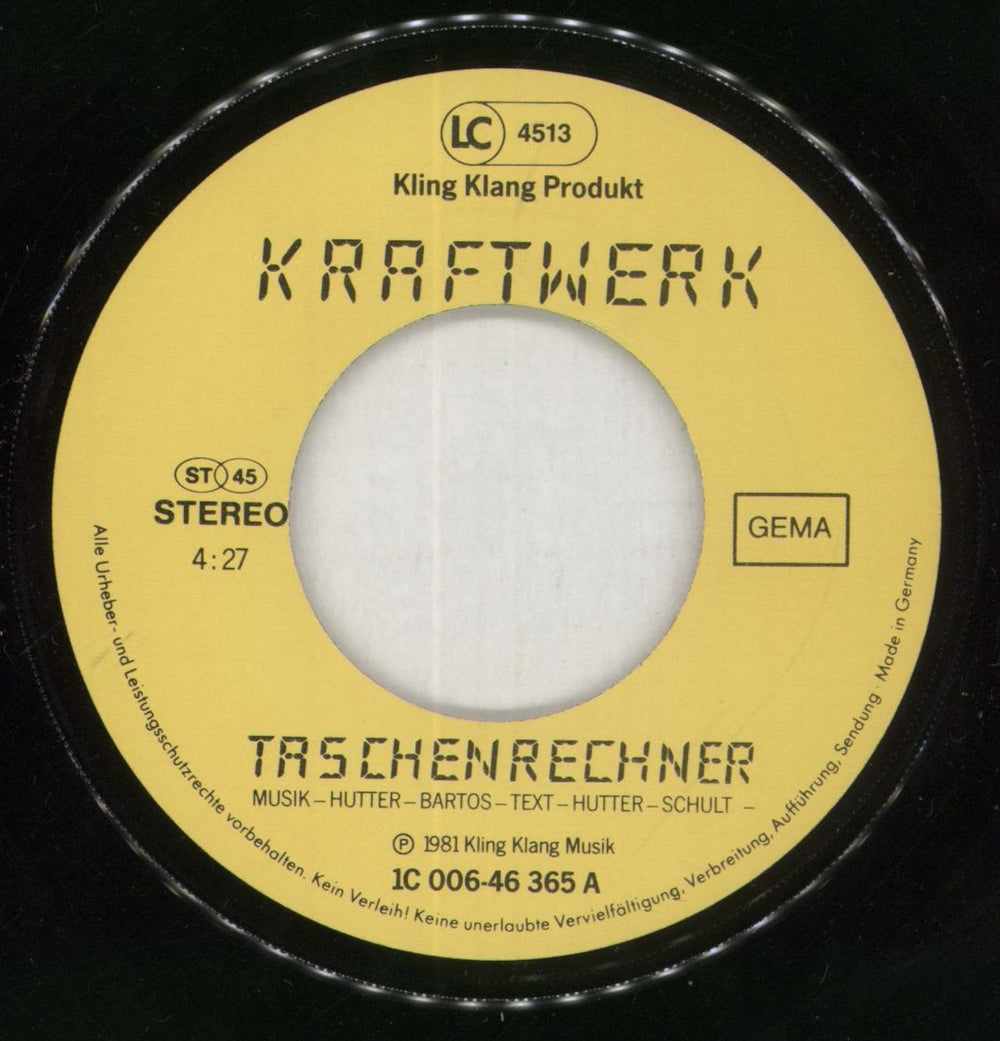 Kraftwerk Taschenrechner - VG German 7" vinyl single (7 inch record / 45) KRA07TA863271