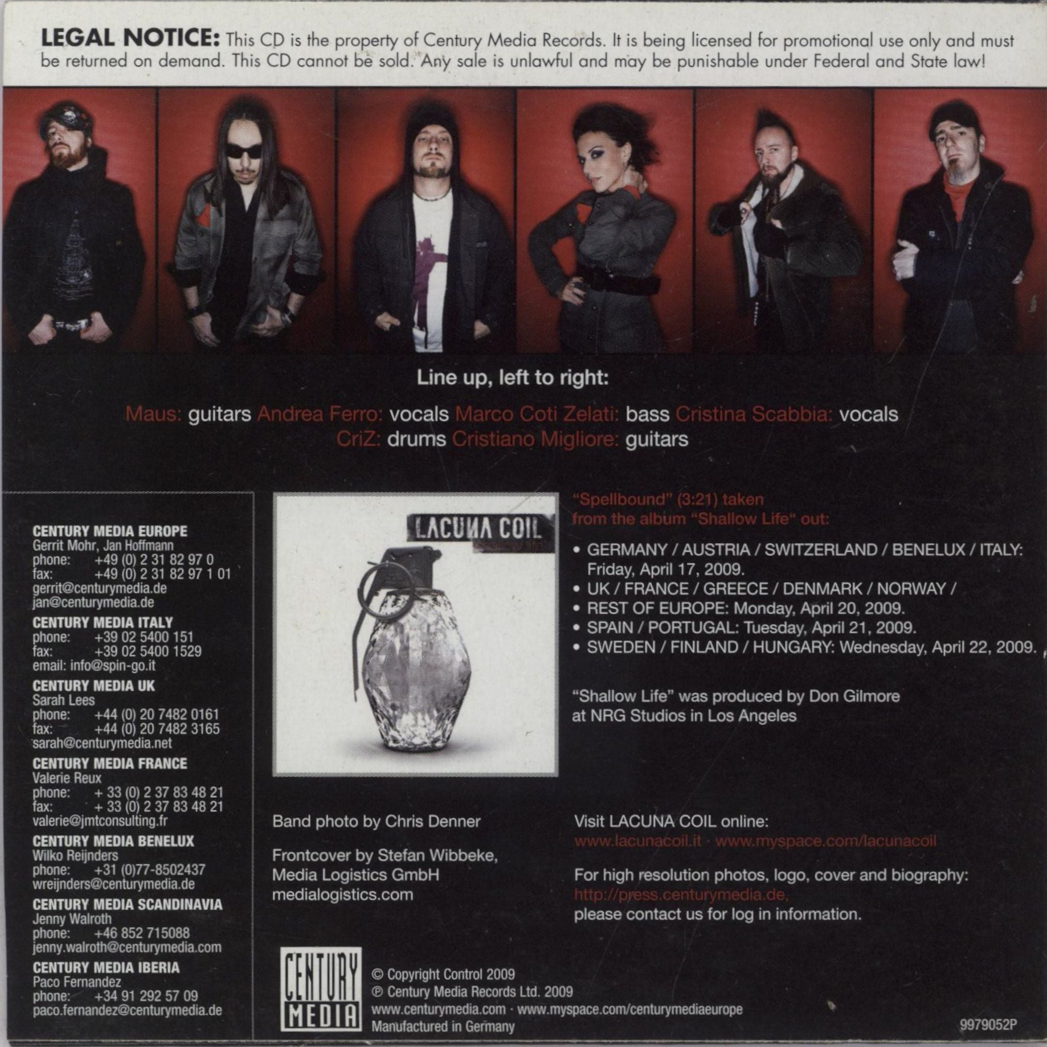 Lacuna Coil Spellbound German Promo CD single (CD5 / 5\")