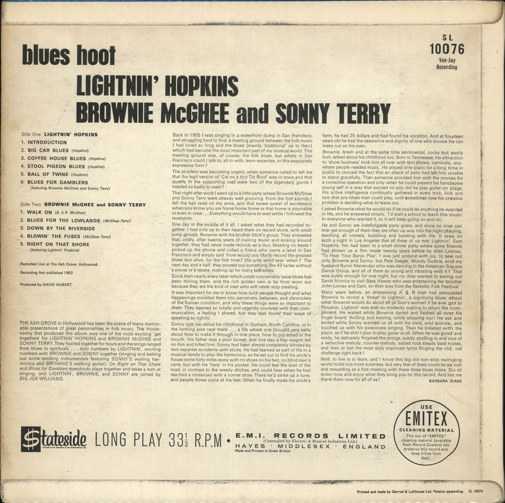 Lightnin' Hopkins Blues Hoot UK vinyl LP album (LP record)