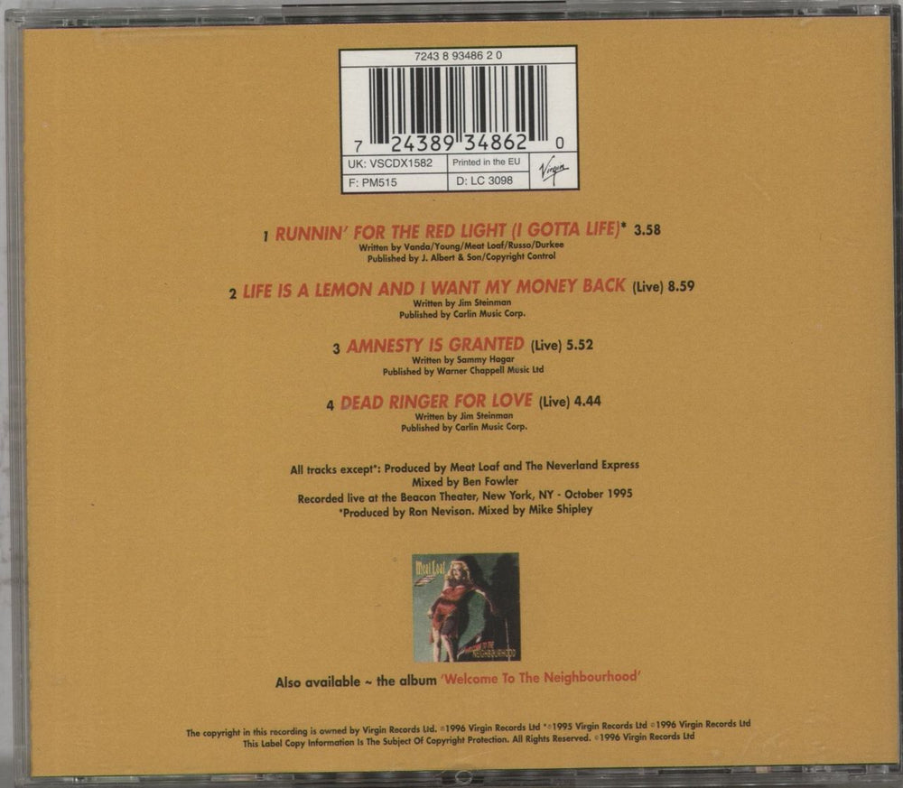 Meat Loaf Runnin' For The Red Light UK CD single (CD5 / 5") 724389348620