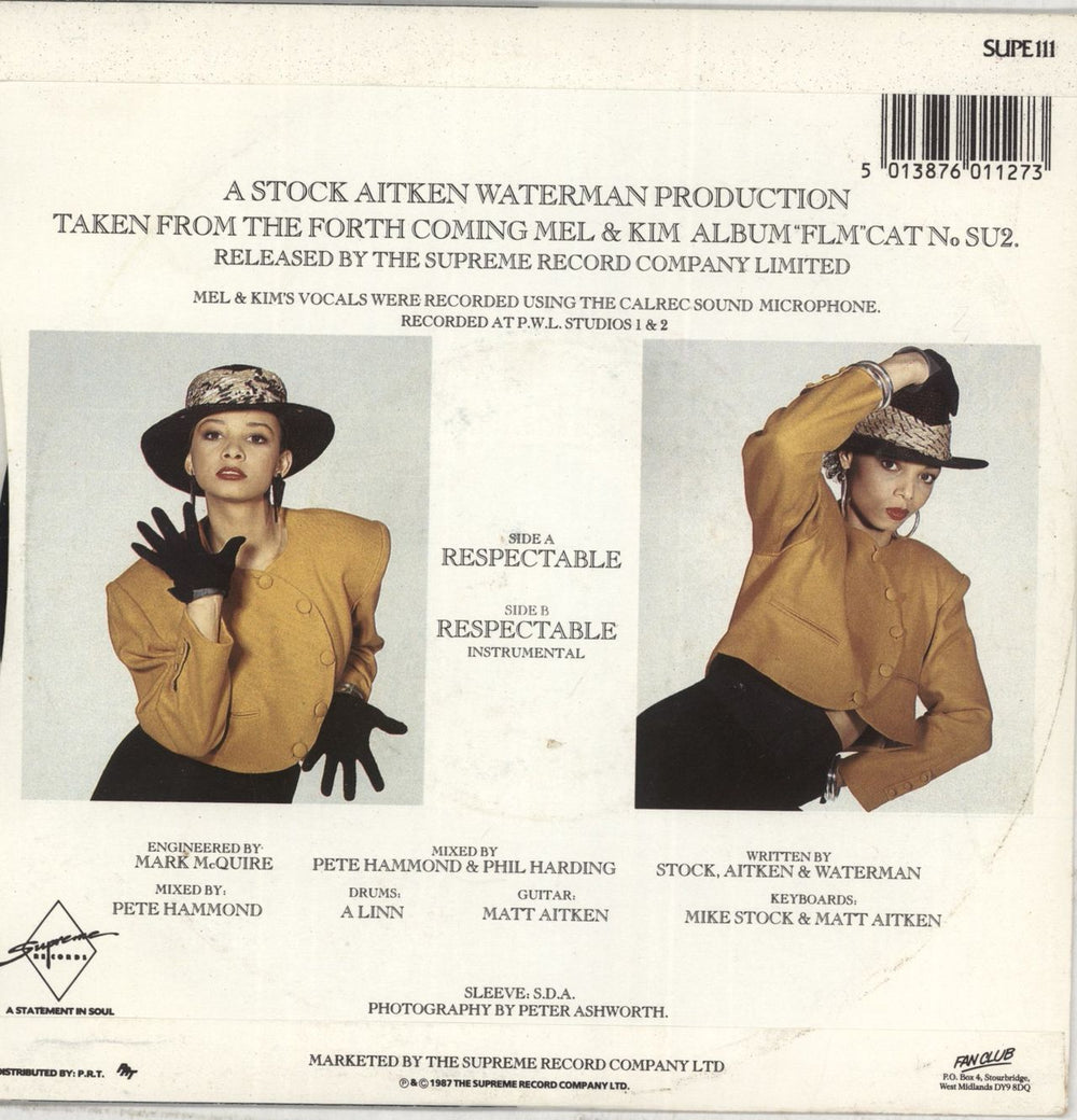 Mel & Kim Respectable UK 7" vinyl single (7 inch record / 45) 5013876011273