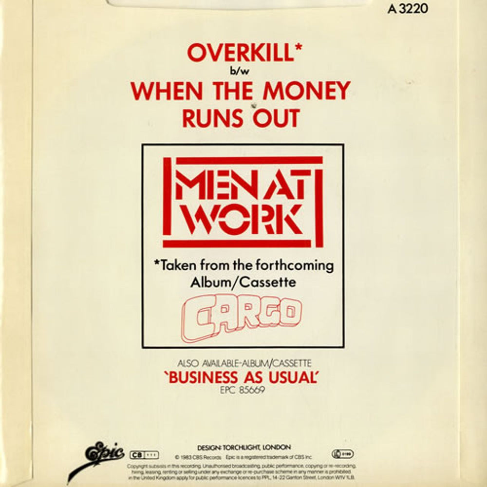 Men At Work Overkill UK 7" vinyl single (7 inch record / 45) MEN07OV574585