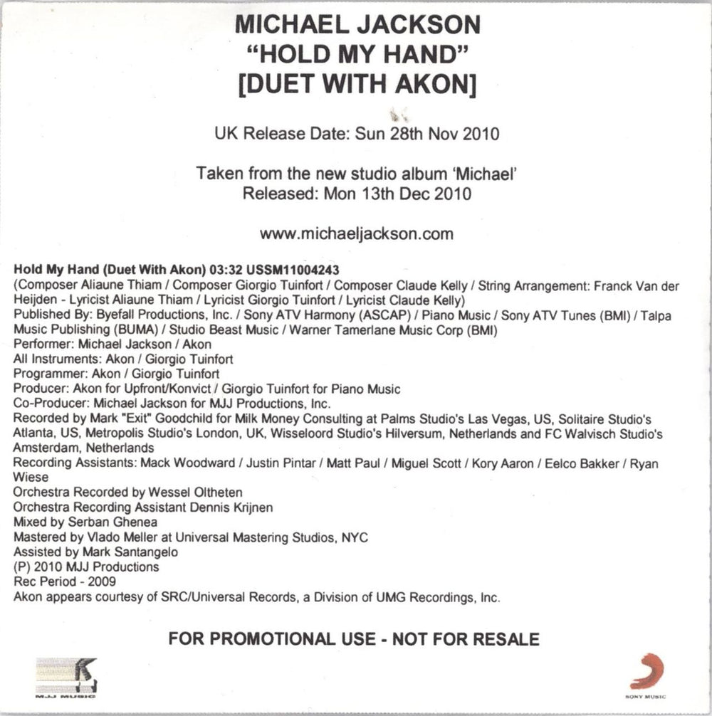 Michael Jackson Hold My Hand UK Promo CD-R acetate