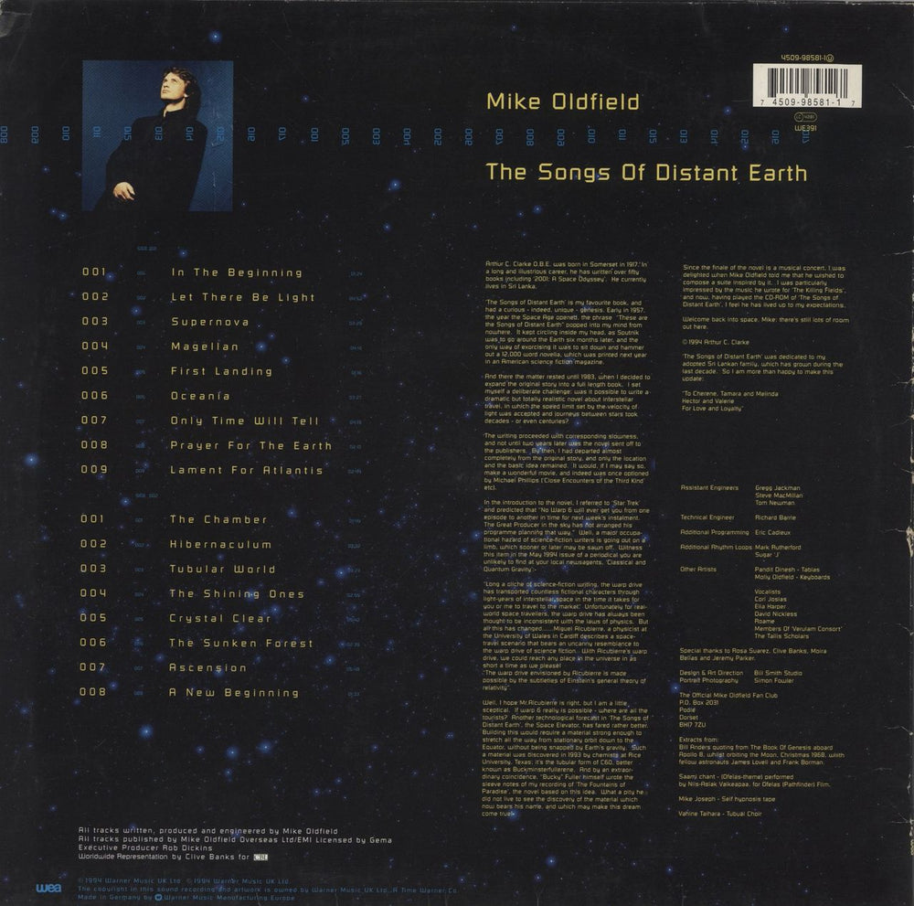 Mike Oldfield The Songs Of Distant Earth - VG German vinyl LP album (LP record) 745099858117