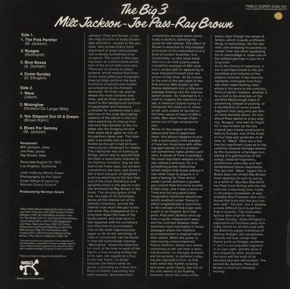 Milt Jackson & Ray Brown The Big 3 UK vinyl LP album (LP record)