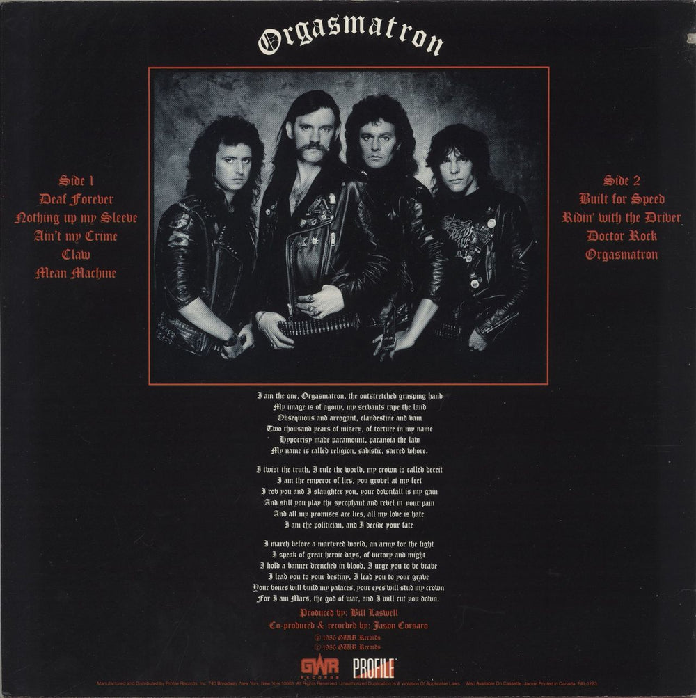 Motorhead Orgasmatron US vinyl LP album (LP record)