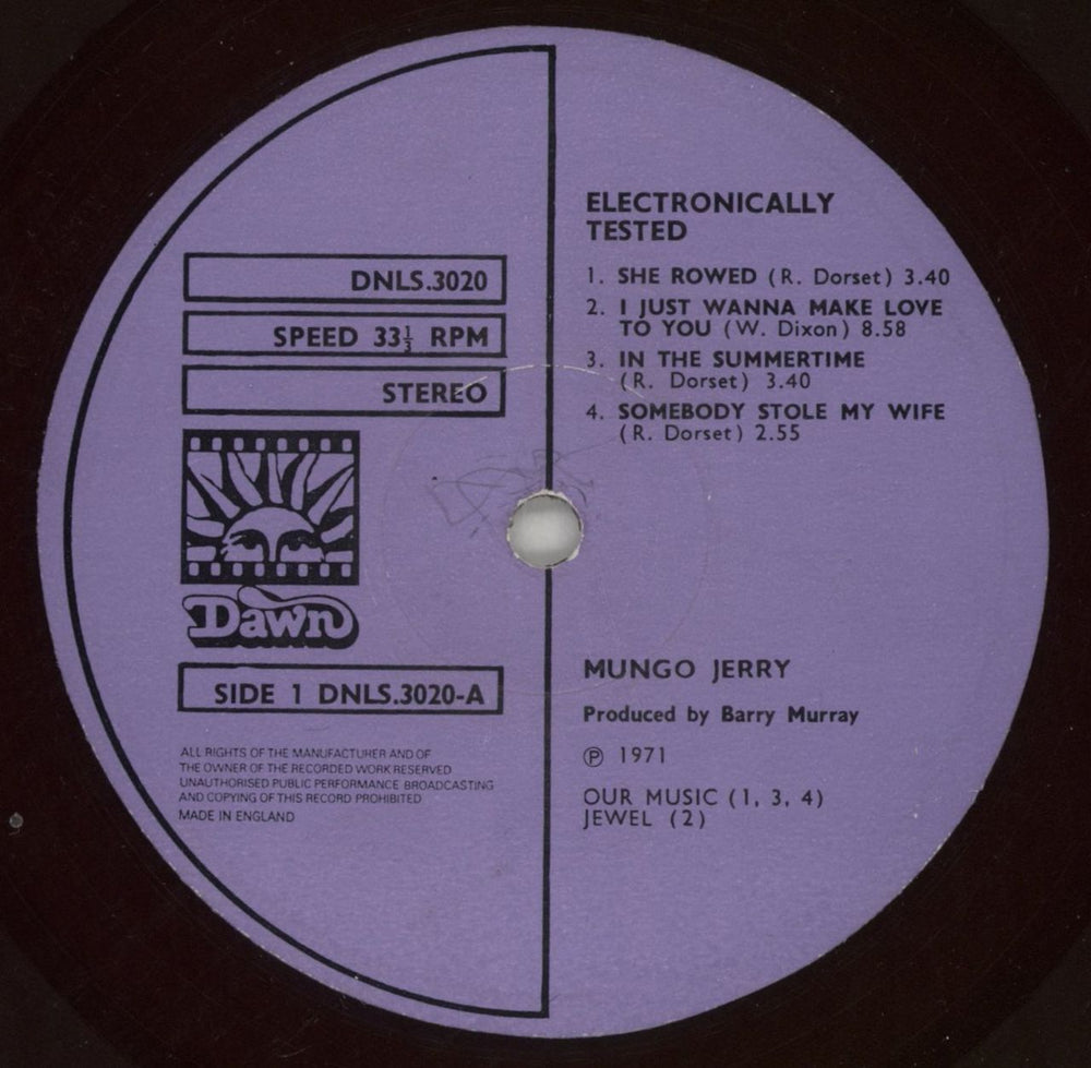Mungo Jerry Electronically Tested - Purple Labels - EX UK vinyl LP album (LP record) MUNLPEL868629