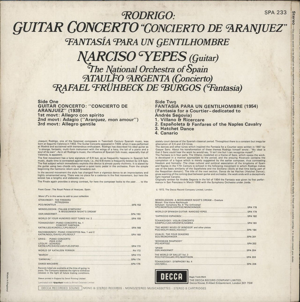 Narciso Yepes Rodrigo: Guitar Concerto & Fantasia Para Un Gentilhombre UK vinyl LP album (LP record)