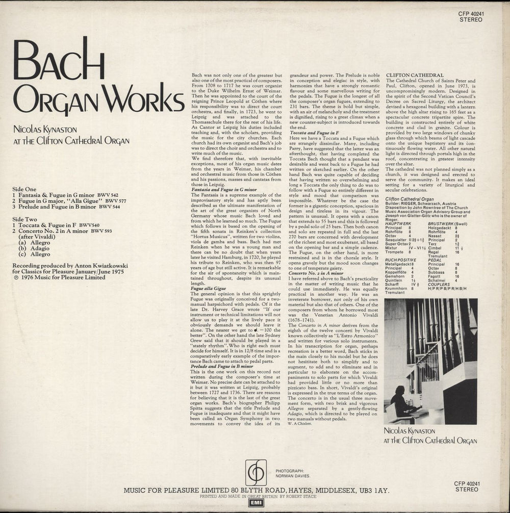 Nicolas Kynaston Bach Organ Works UK vinyl LP album (LP record)
