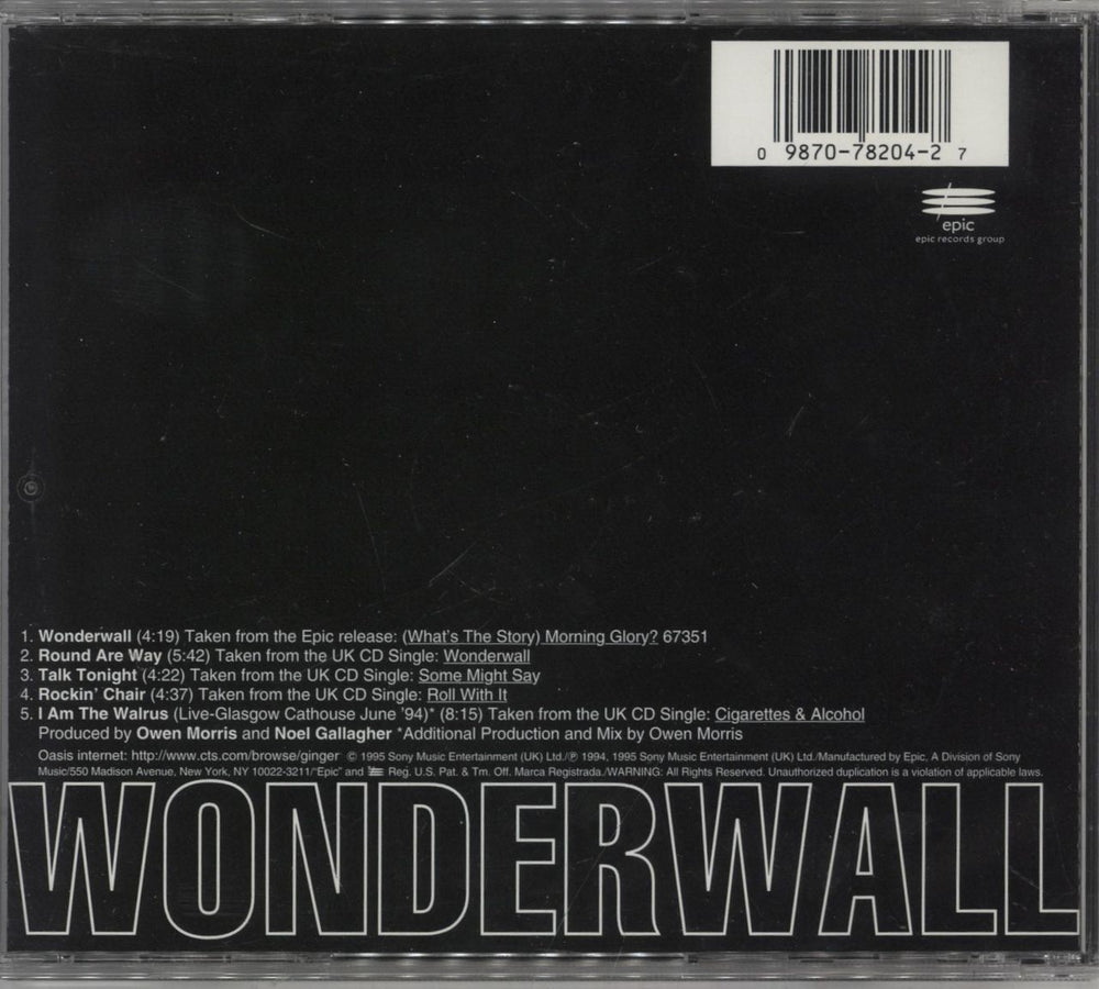 Oasis Wonderwall US CD single (CD5 / 5") 098707820427
