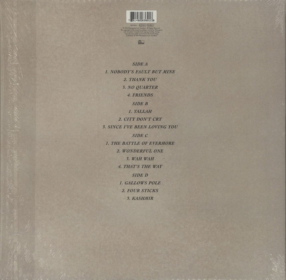 Page & Plant No Quarter: Jimmy Page & Robert Plant Unledded - 1st - shrink UK 2-LP vinyl record set (Double LP Album) 731452636218