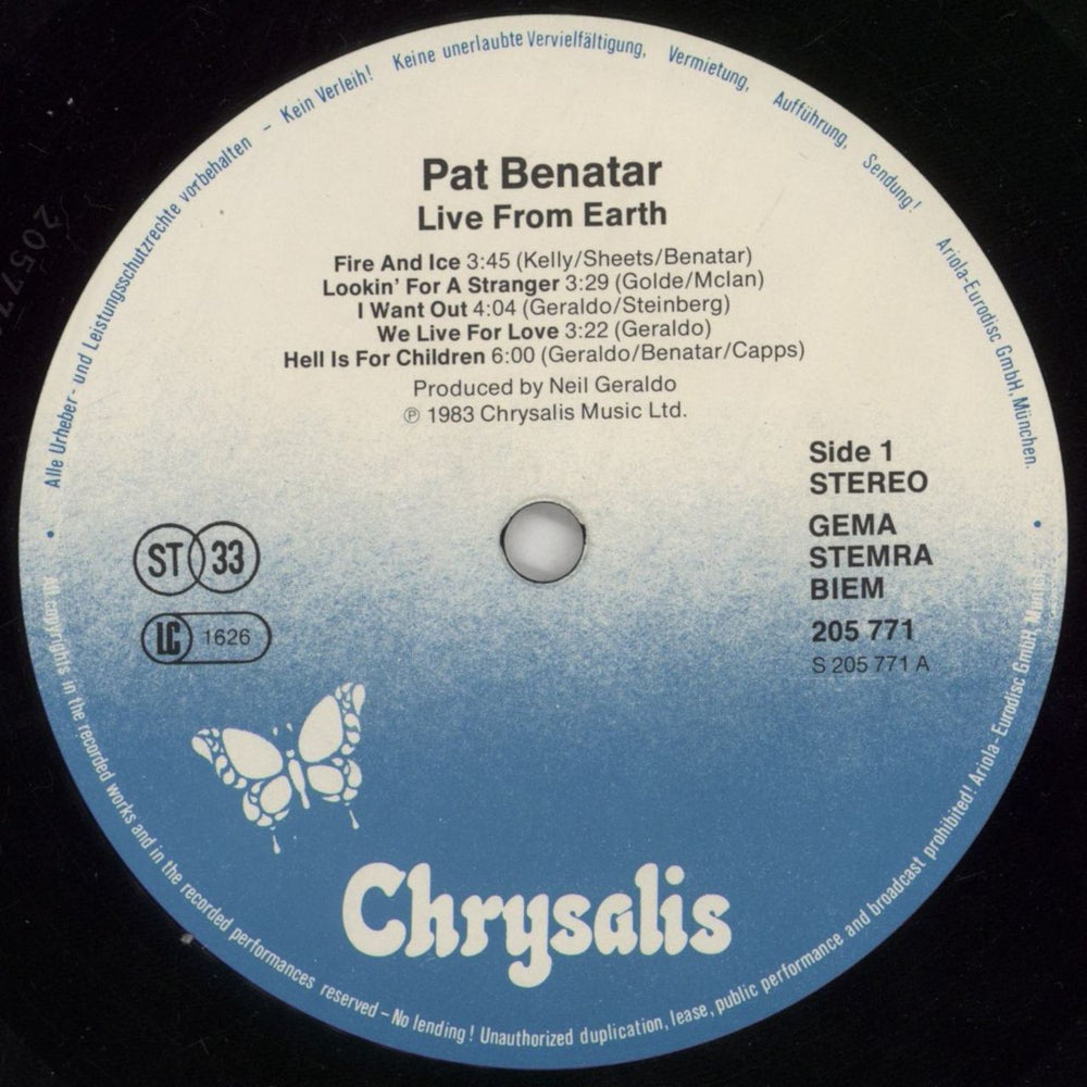 Pat Benatar Live From Earth German vinyl LP album (LP record) BENLPLI861347