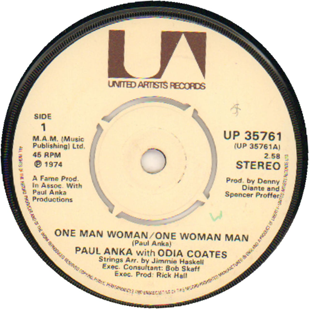 Paul Anka One Man Woman/One Woman Man UK 7" vinyl single (7 inch record / 45) UP35761