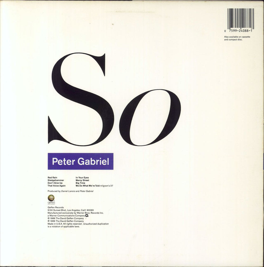 Peter Gabriel So US vinyl LP album (LP record) 075992408813