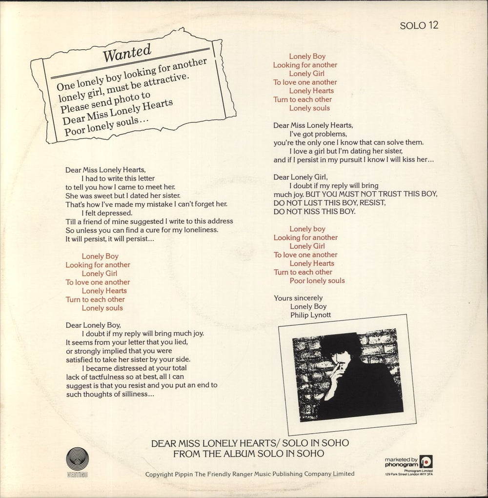 Phil Lynott Dear Miss Lonely Hearts UK 12" vinyl single (12 inch record / Maxi-single)