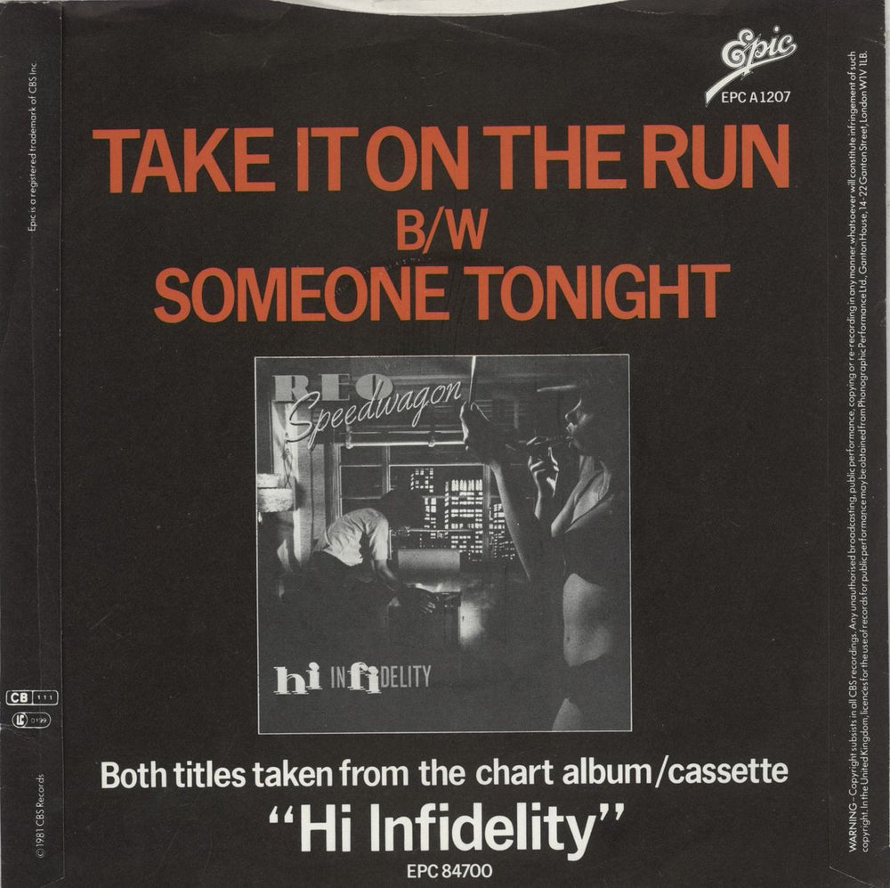 R.E.O. Speedwagon Take It On The Run - P/S UK 7" vinyl single (7 inch record / 45)