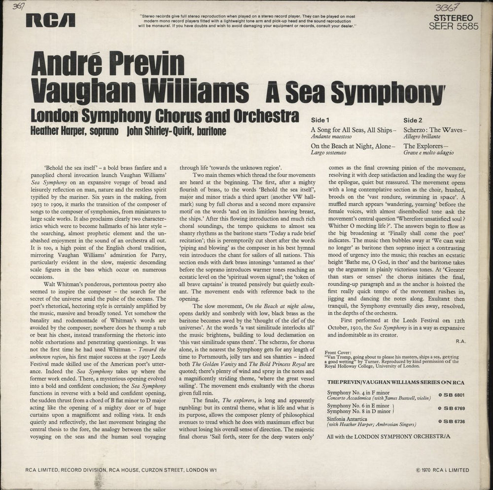 Ralph Vaughan Williams A Sea Symphony UK vinyl LP album (LP record)