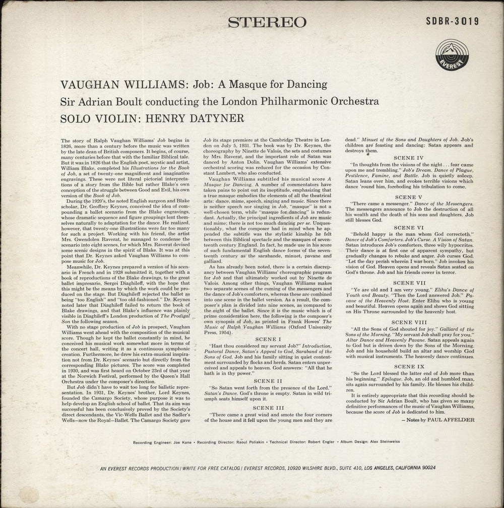 Ralph Vaughan Williams Vaughan Williams: Job "A Masque For Dancing" US vinyl LP album (LP record)