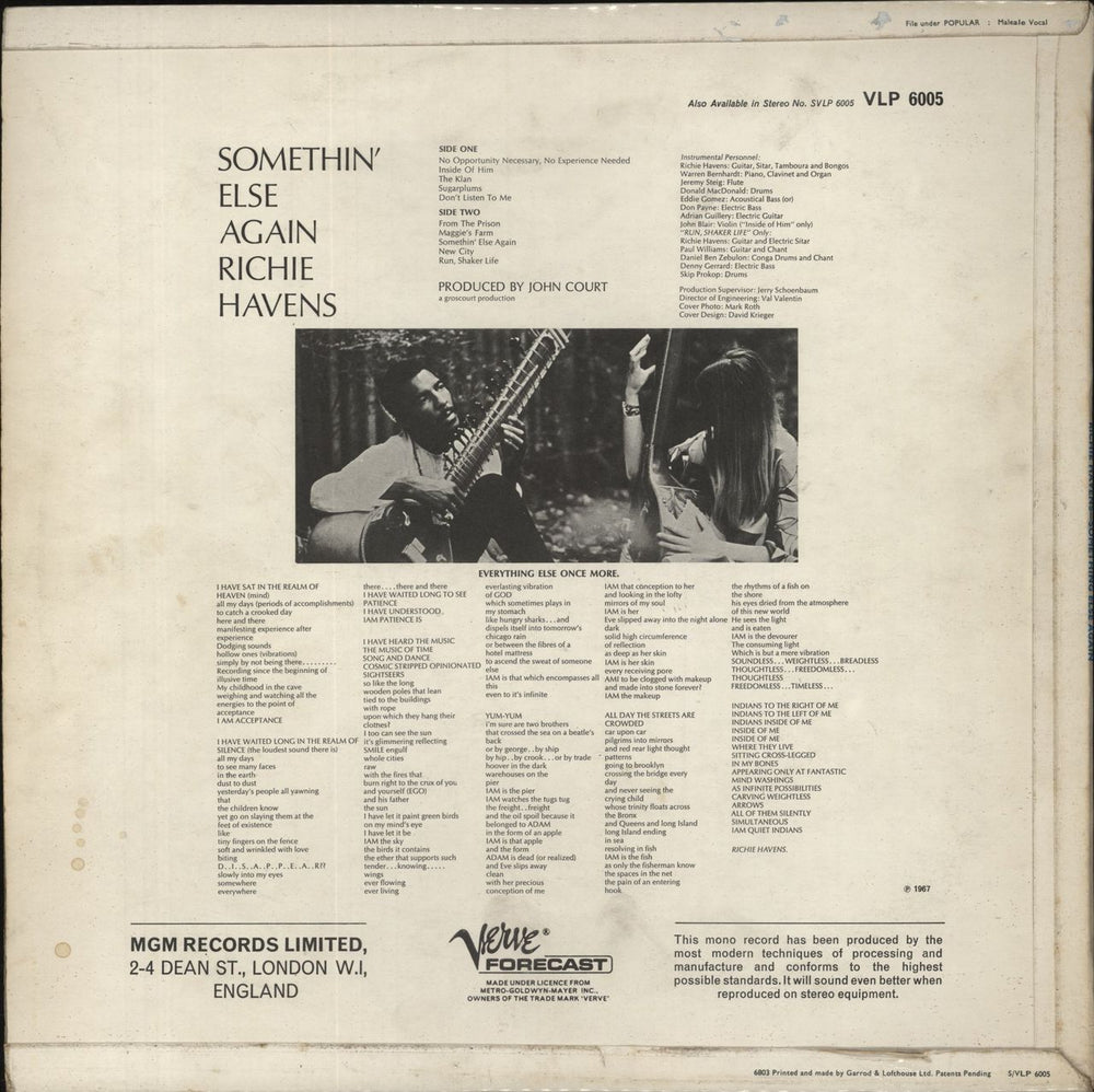 Richie Havens Somethin' Else Again UK vinyl LP album (LP record)