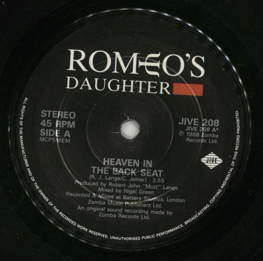 Romeo's Daughter Heaven In The Backseat UK 7" vinyl single (7 inch record / 45) ROM07HE865151