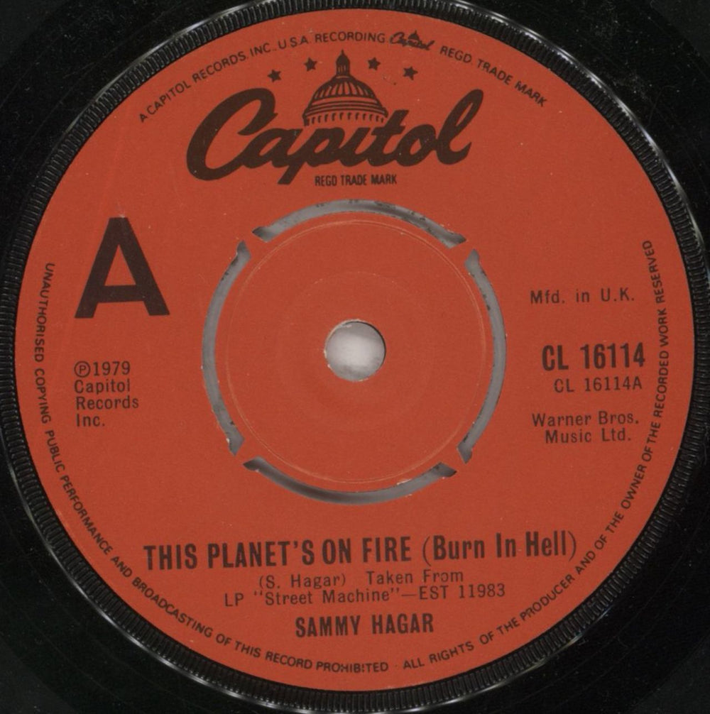 Sammy Hagar This Planet's On Fire (Burn In Hell) UK 7" vinyl single (7 inch record / 45) CL16114