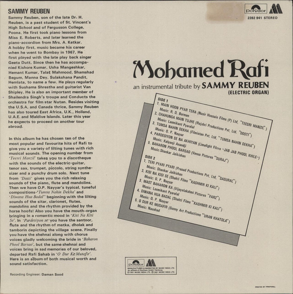 Sammy Reuben Mohamed Rafi An Instrumental Tribute Indian vinyl LP album (LP record)