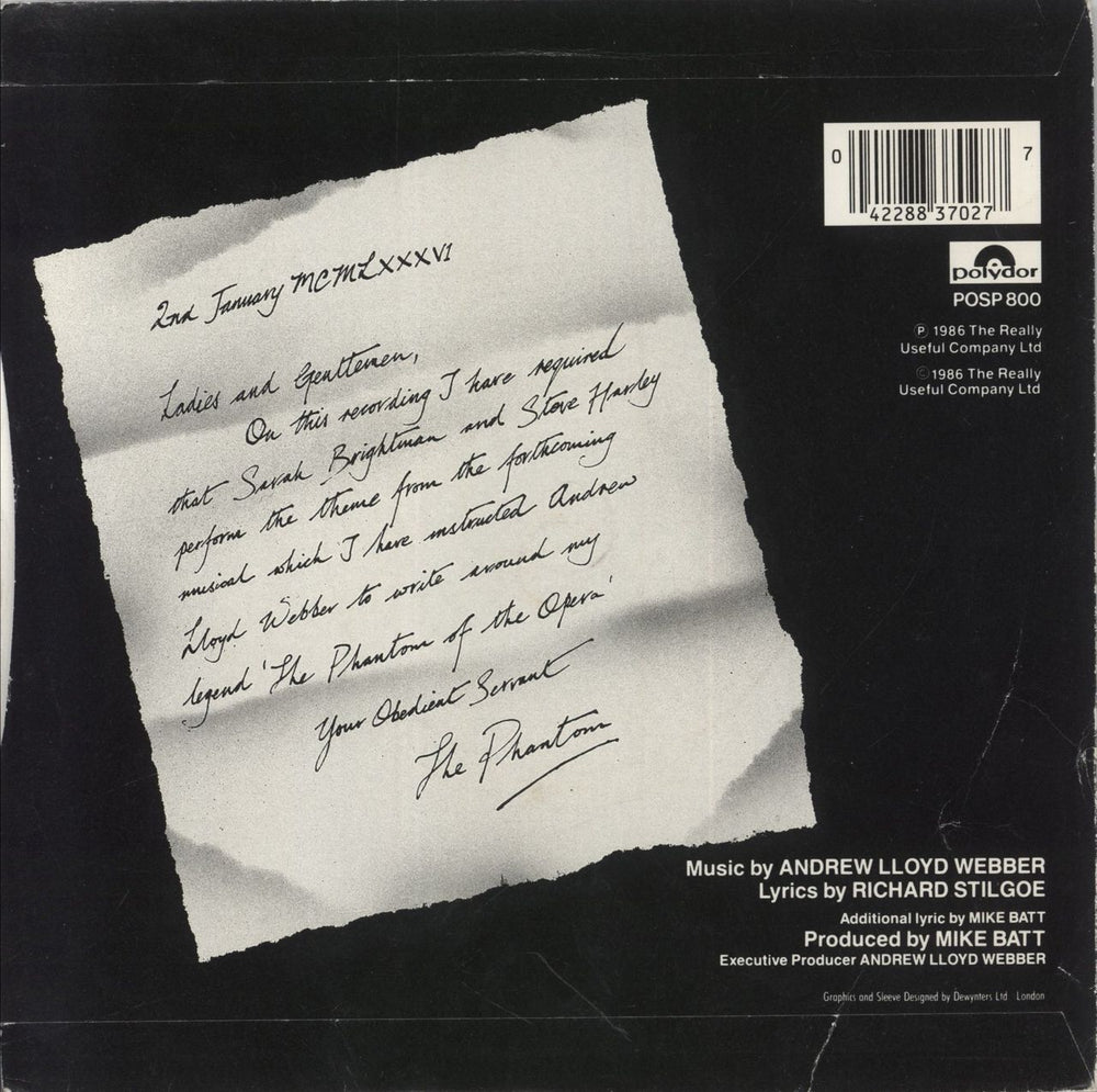 Sarah Brightman The Phantom Of The Opera UK 7" vinyl single (7 inch record / 45) 042288370277