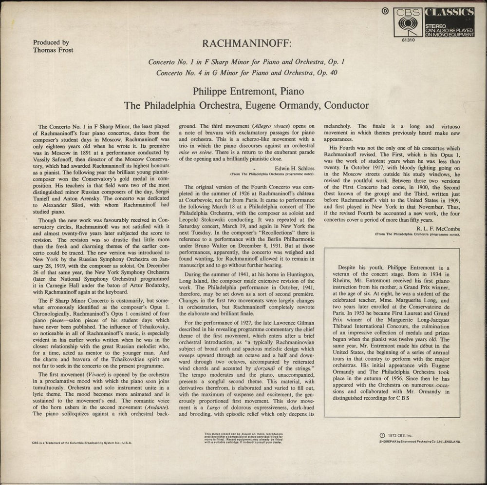 Sergei Rachmaninov Rachmaninov: Piano Concerto No 1 In F Sharp Minor / Piano Concerto No 4 In G Minor UK vinyl LP album (LP record)