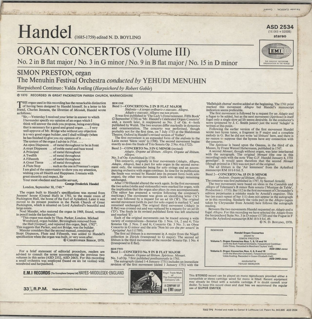 Simon Preston Handel: Organ Concertos, Vol. 3 UK vinyl LP album (LP record)