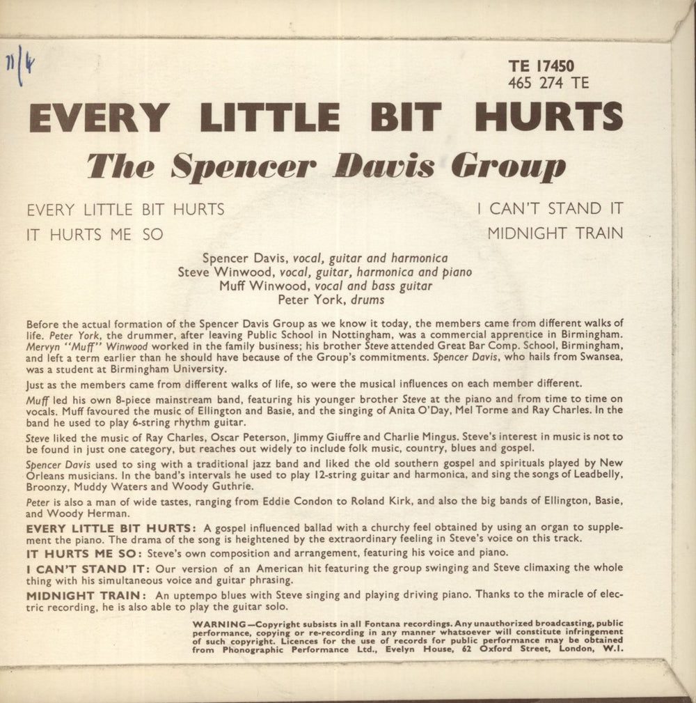 Spencer Davis Group Every Little Bit Hurts EP UK 7" vinyl single (7 inch record / 45)